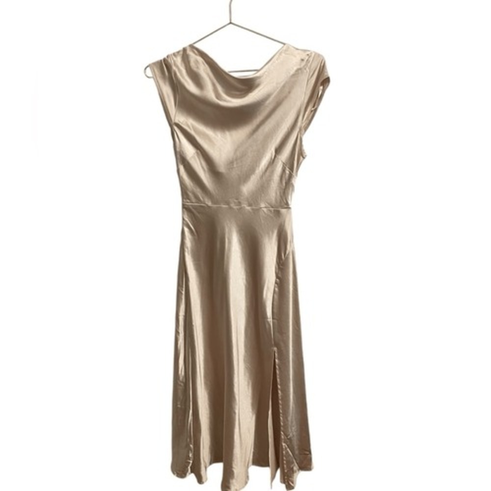 Hello Molly Champagne Satin Cowl Neck Twist Back Midi Dress US 4 NWT